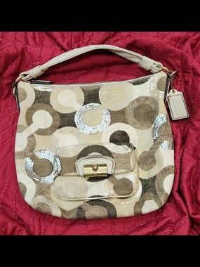 Coach Beige Sequin Signature Canvas Hobo Bag